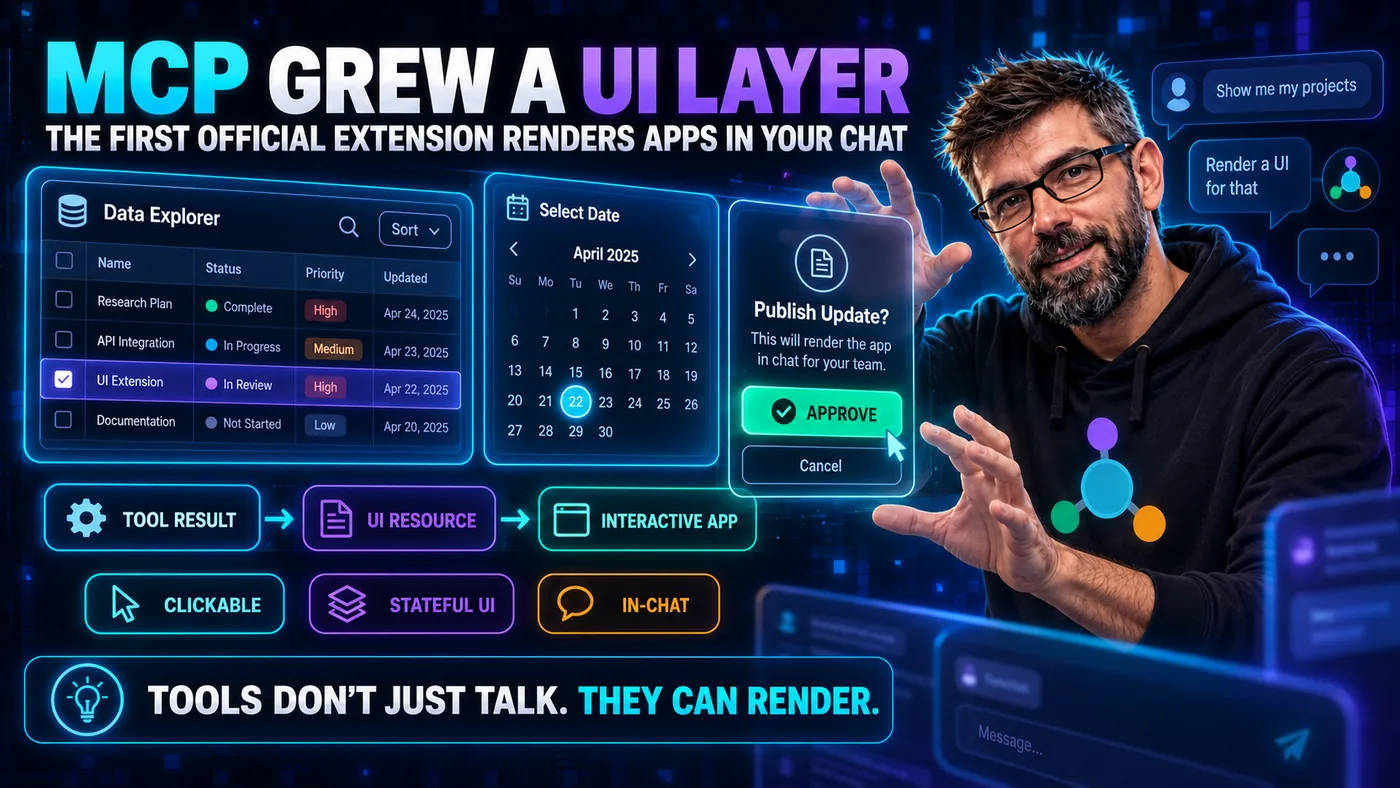 Series cover. A sortable data table, a date picker and an approval dialog float as interactive panels inside a chat, tagged tool result, UI resource and interactive app. The strapline reads: tools don't just talk, they can render.