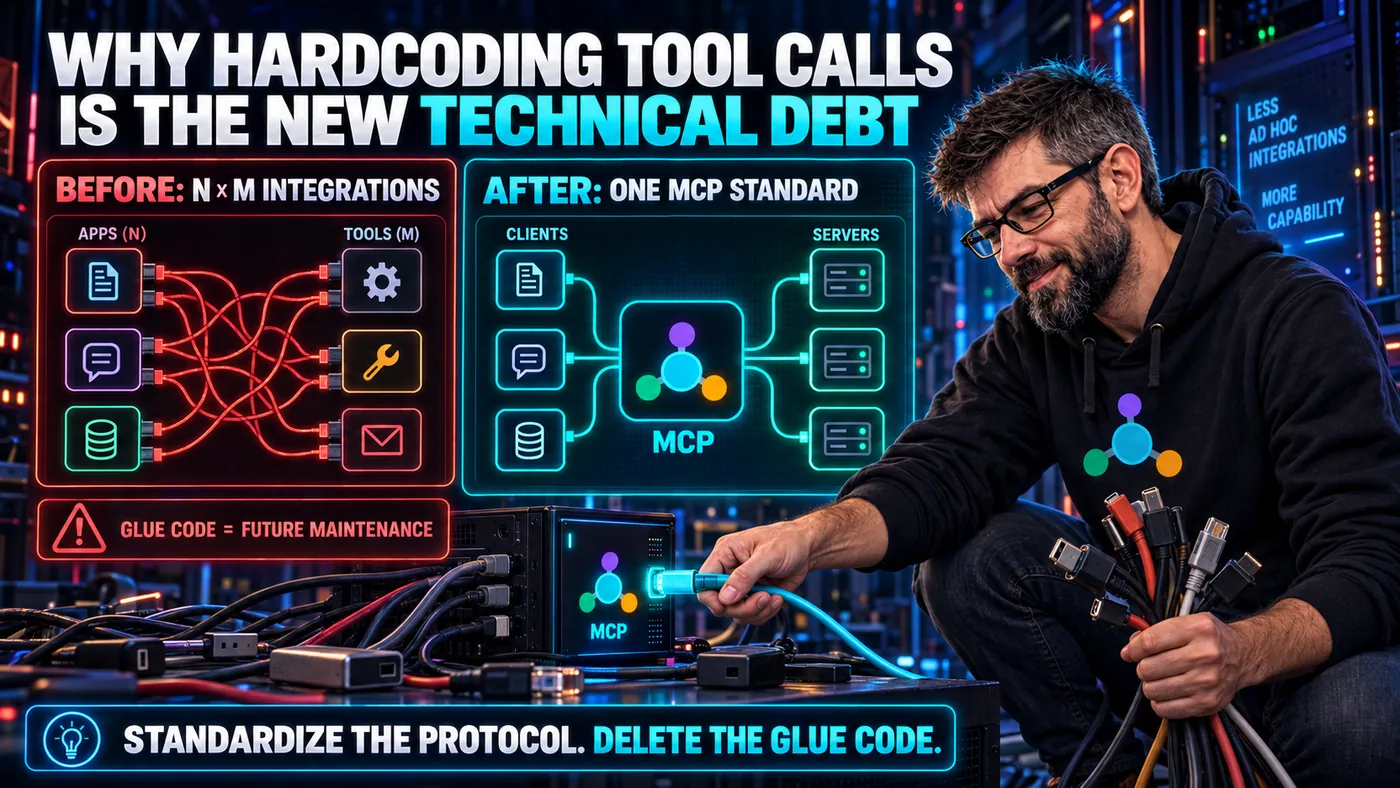 Series cover. A red tangle of N by M integrations between apps and tools sits beside one MCP standard joining clients to servers through a single hub, while a cyan cable is plugged into a knot of mismatched ones. The strapline reads: standardize the protocol, delete the glue code.