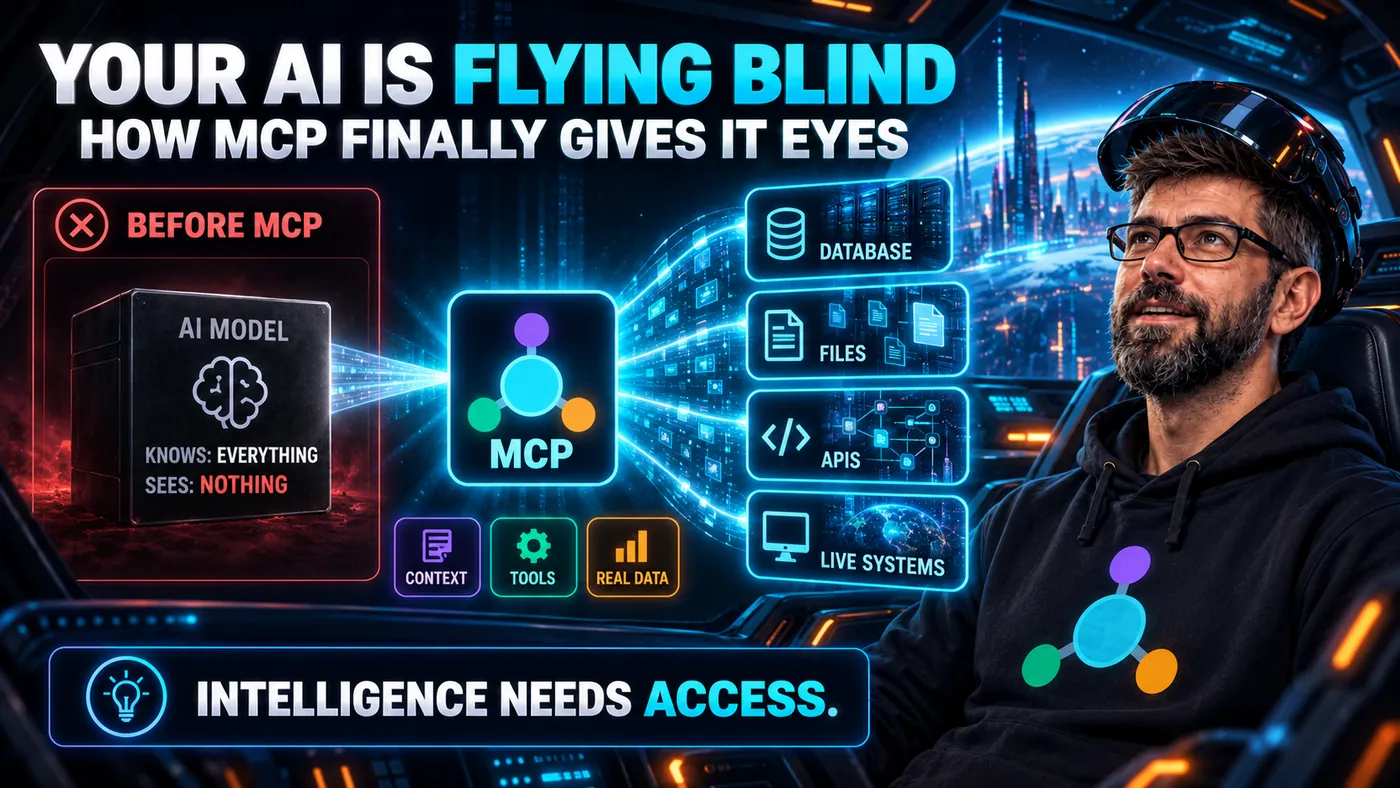 Series cover. A red panel labelled Before MCP holds an AI model that knows everything and sees nothing, while MCP on the right connects it to a database, files, APIs and live systems. The strapline reads: intelligence needs access.